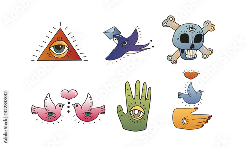 Old School Tattoo Elements and Symbols with Skull and Swallow Bird Vector Set
