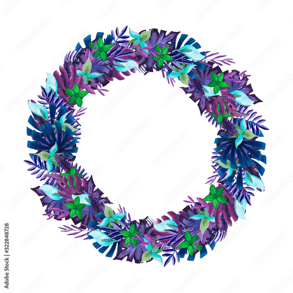Seamless tropical flower wreath. Botanical hand-drawn watercolor illustration. Design for packaging, weddings, fabrics, textiles, Wallpaper, website, postcards.