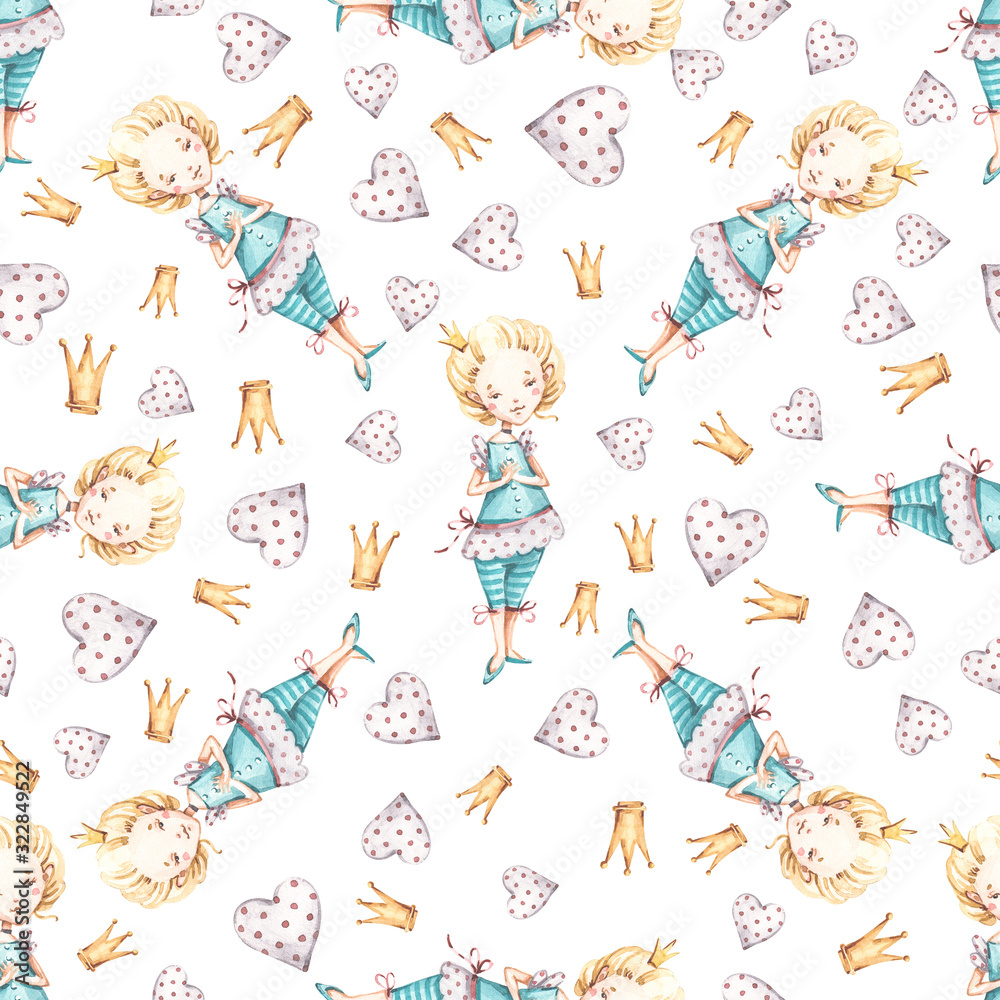 Watercolor cute nursery naive hand painted seamless pattern with princess hearts crown. Childish Handpainted print on white background. Watercolour Art for kids fabric wallpaper baby shower invitation