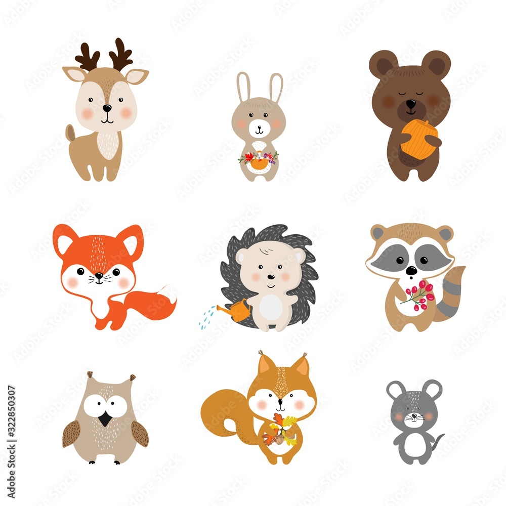 Obraz premium Set of vector cute forest animals in cartoon style. A collection of small animals in the children's style,isolated on a white background