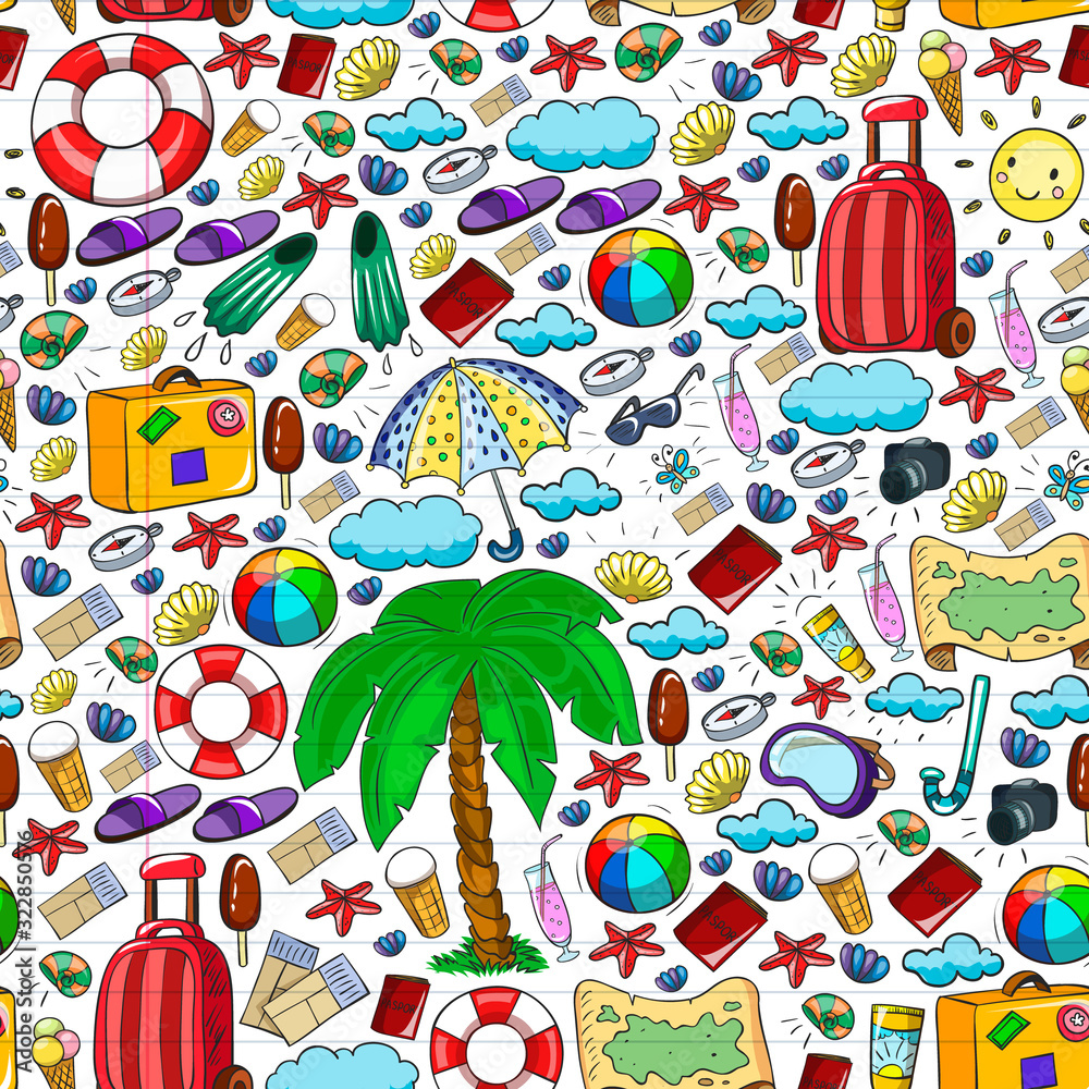Vector pattern. Summer vacations. Travel and adventures. Beach, ocean, island, sun Vector pattern. Summer vacations. Travel and adventures. Beach, ocean, island, sun