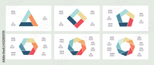 Business infographics. Polygons with 3, 4, 5, 6, 7, 8 parts, options. Vector templates.
