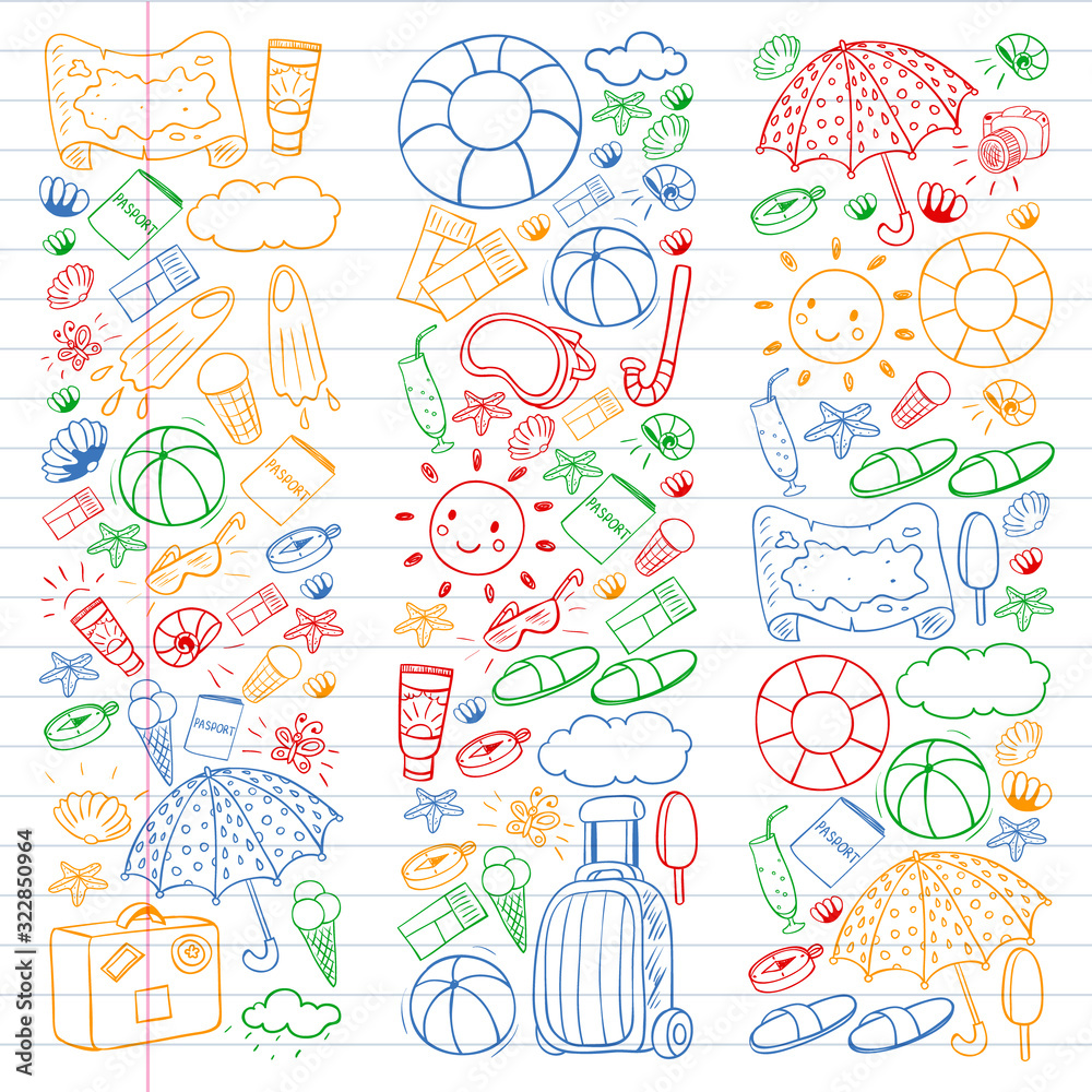 Vector pattern. Summer vacations. Travel and adventures. Beach, ocean, island, sun