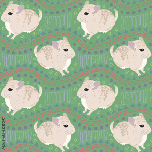 Seamless pattern of chinchilla with ethnic ornament elements. Repetitive textile vector print, wallpaper design.
