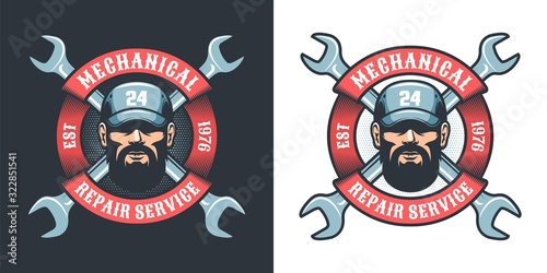 Auto Mechanic with wrench and ribbon - retro logo. Repair man in cap - retro emblem. Vector illustration.