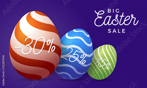 Easter egg sale horizontal banner. Easter card with three realistic eggs, colorful ornate eggs on purple striped modern background. Vector illustration. Place for your text.