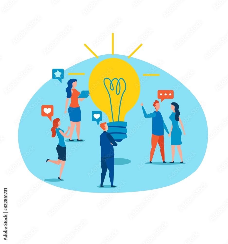 Cartoon People Characters Discuss and Analyzing New Idea Standing by Burning Metaphor Light Bulb. Teamwork, Smart Team, Startup, Business Solution in Social Media Marketing. Vector Flat Illustration