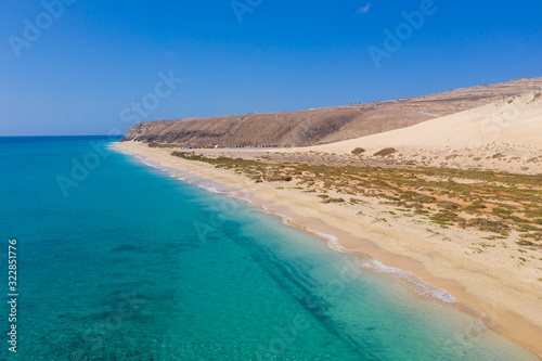 This is an aerial drone shot from Canary islands. Sotavento beach is on the coast of Fuerteventura island. October 2019 © Сергій Вовк
