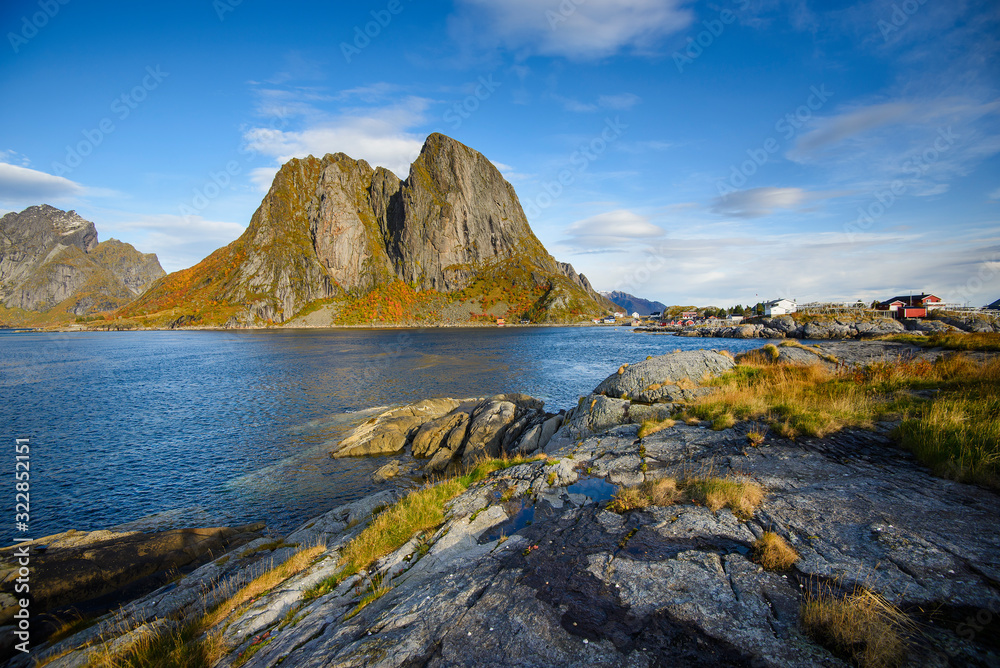 Beautiful mountain and sky  in Hamnoy village in Lofoten , Norway