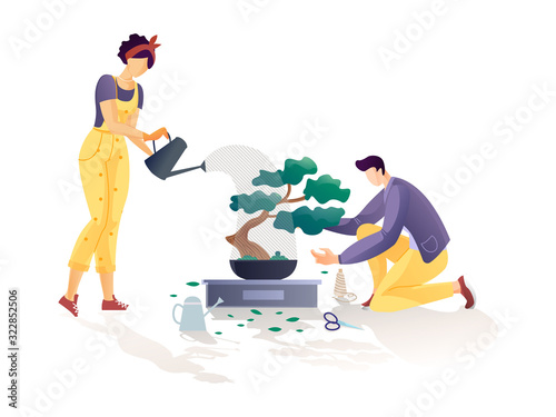 Gardeners Couple Watering Tree and Picking Leaves. Man and Woman Characters Working in Garden. Vector Green Nature, Greenhouse. Ecology Friendly Live. Organic Gardening Isolated Illustration