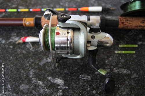  fishing equipment for fishing, spinning with a reel, fishing line, float and wobbler.