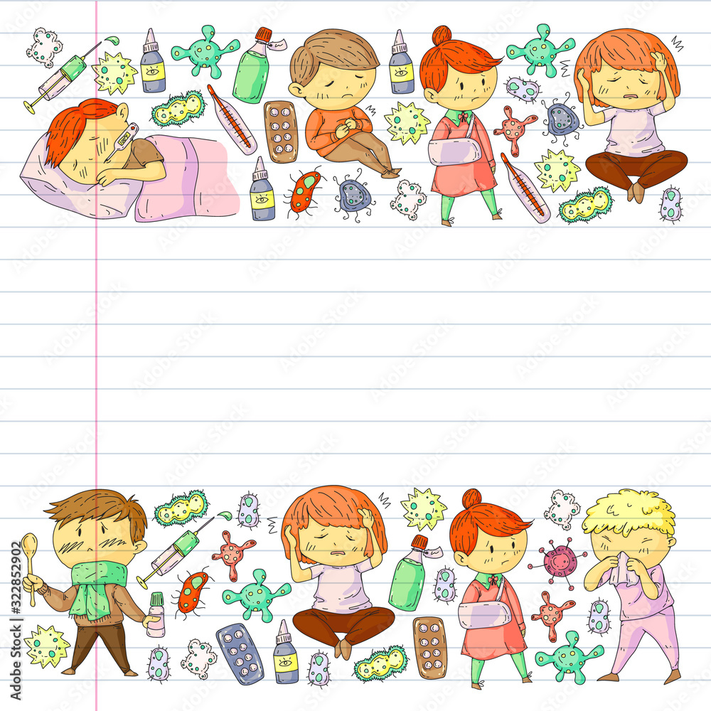 Naklejka premium Vector pattern with little children. Illustration of Child diseases, flu, illness
