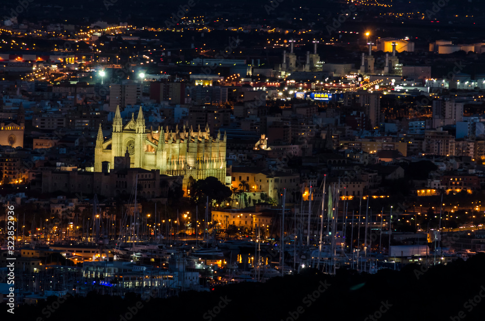 Mallorca, spain, December 12 2016: Areal view of Palma de Mallorca Cathedral at Night