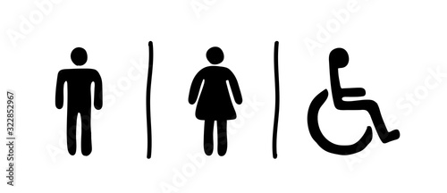 Toilet signs. Bathroom symbols man, woman and disabled icons. Hand drawn style vector illustration.