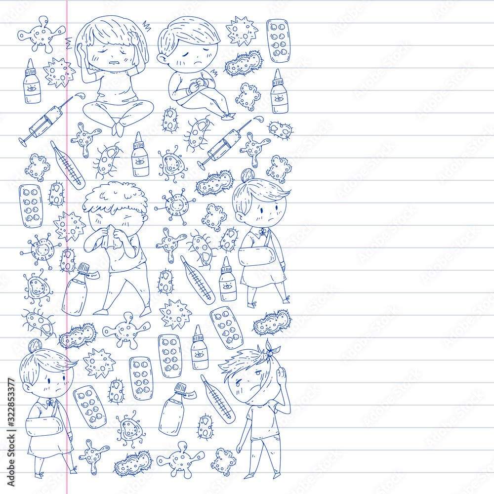 Vector pattern with little children. Illustration of Child diseases, flu, illness Vector pattern with little children. Illustration of Child diseases, flu, illness