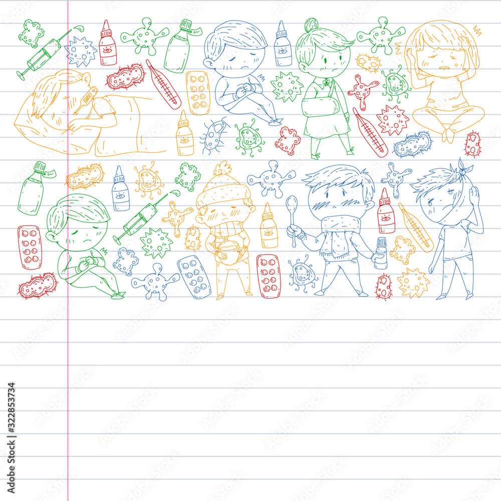 Vector pattern with little children. Illustration of Child diseases, flu, illness Vector pattern with little children. Illustration of Child diseases, flu, illness