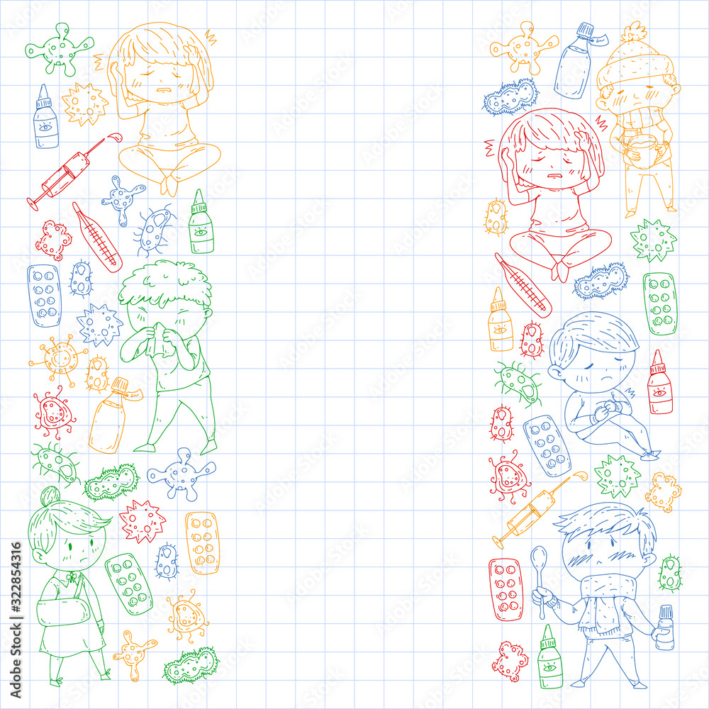 Vector pattern with little children. Illustration of Child diseases, flu, illness Vector pattern with little children. Illustration of Child diseases, flu, illness