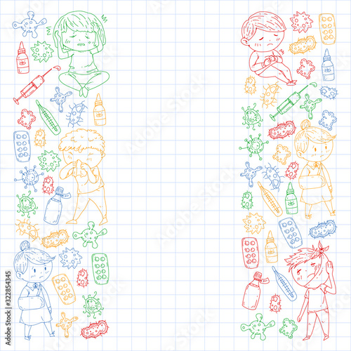 Vector pattern with little children. Illustration of Child diseases, flu, illness