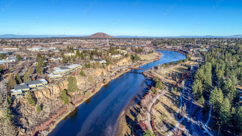 Aerial View of Deschutes River by drone in Bend, Oregon