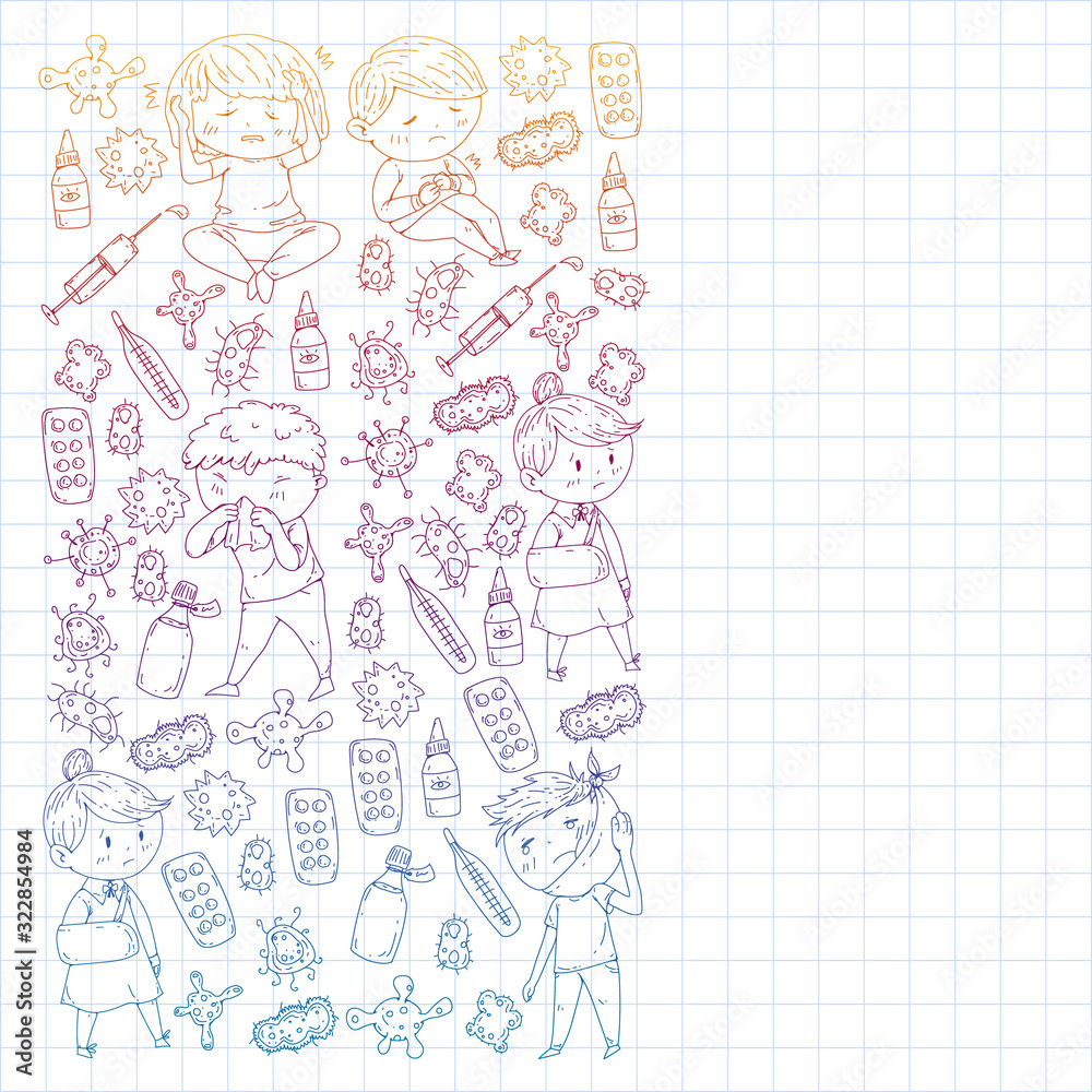 Vector pattern with little children. Illustration of Child diseases, flu, illness