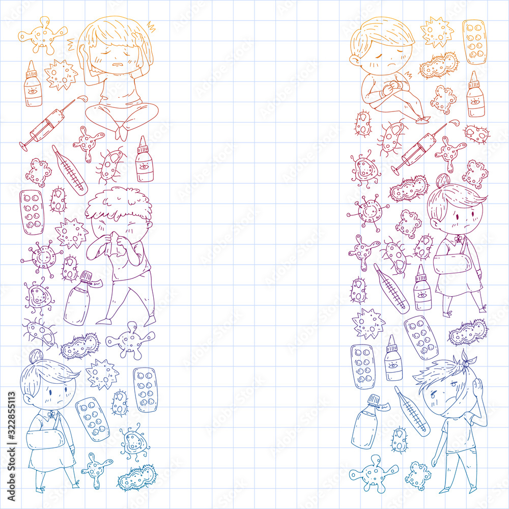 Vector pattern with little children. Illustration of Child diseases, flu, illness