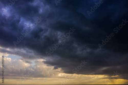 Aerial view of heavy thunderclouds over the forest of Karelia