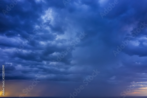 Aerial view of heavy thunderclouds over the forest of Karelia