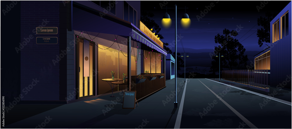 Fototapeta Night landscape. Cafe on the street, at home, road. Vector graphics.