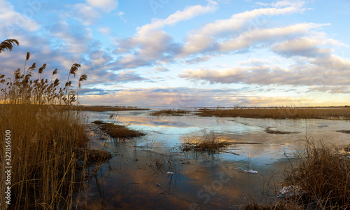 Photos There is a panorama of lake Peipus at sunset in the spring