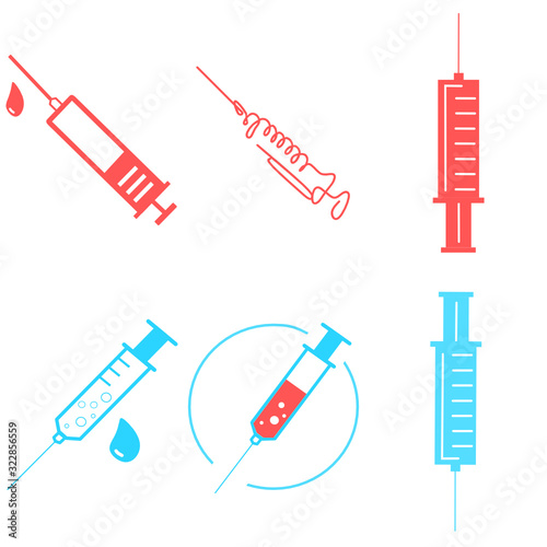Set of medical syringe, hypodermic needle, Inject needle concept of vaccination, injection. Trendy flat style. vector illustration. Drug dose business concept. Symbol web site design, logo, app, UI.