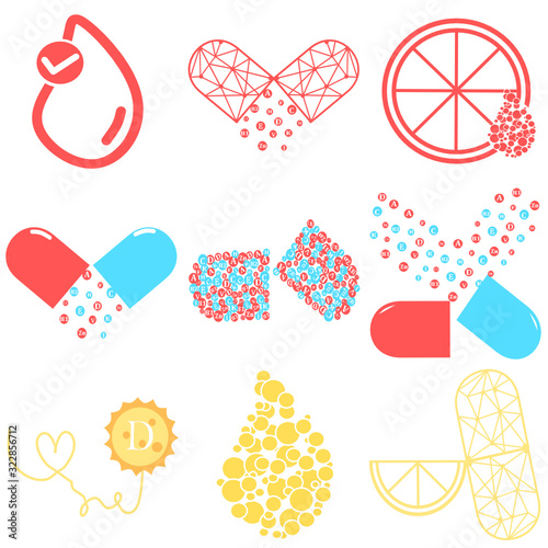 Set of Essential vitamin and mineral complex. Vector creative design vitamin pills capsules. Multi Vitamin complex icons. Multivitamin supplement, Vitamin logo. Diet Infographic poster. Science
