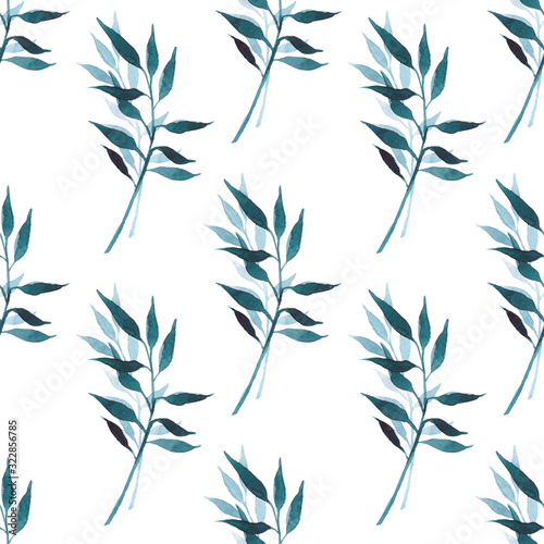 Turquoise seamless pattern on a white background. Minimalistic twigs and leaves. Ideal for postcards, textiles, ceramics, wrapping paper and scrapbooking.