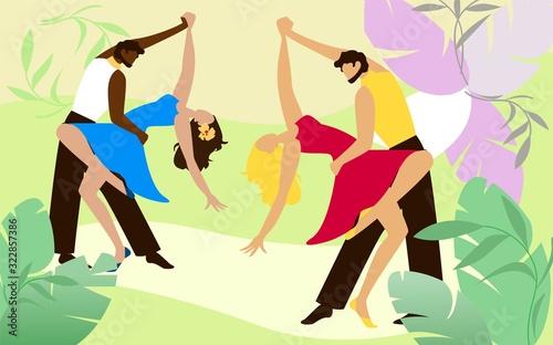Men Dance with Women in Bright Dresses in Park. Dancers Dance Incendiary Dances. Brazilian Dance Festival. Women in Blue and Red Dress. Vector Illustration. Joy and Fun. Dance Support.