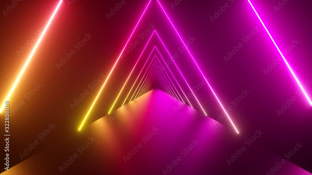 Flying through glowing rotating neon triangles creating a tunnel, blue red pink violet spectrum, fluorescent ultraviolet light, modern colorful lighting, 4k loop animation