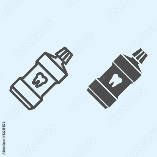 Mouth rinse line and solid icon. Mouthwash in tube bottle with tooth sign. Health care vector design concept, outline style pictogram on white background, use for web and app. Eps 10.