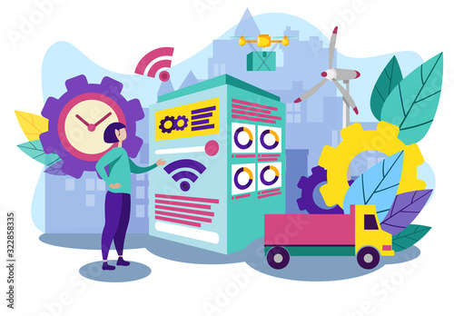 People and Industrial Machine. Woman Has Technique. Computer Technology. Working Process. Automation and Technology. Vector Illustration. Smart Idustry.Woman Control Cargo Drone Using WiFi Service.