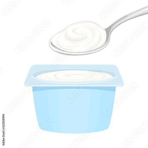 White yogurt in plastic container and in  spoon isolated on white background. Vector illustration of dairy product in cartoon flat style.