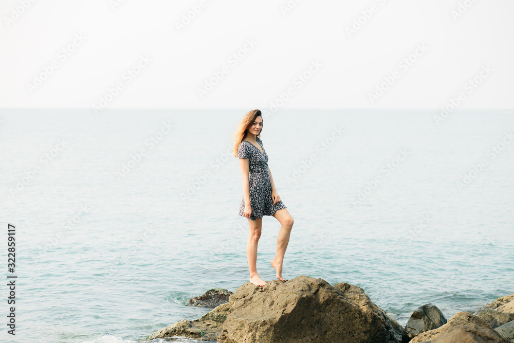 a young beautiful girl in a dress on large stones, a picturesque place on the sea coast
