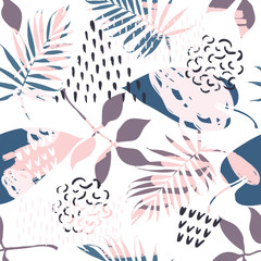 Gordijnen Tropische bladerprint patronen Seamless exotic pattern with tropical plants and pink gold elements. Vector  © Tolchik