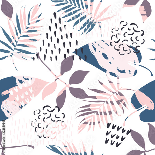 Seamless exotic pattern with tropical plants and pink gold elements. Vector © Tolchik