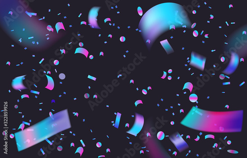 Neon holographic foil confetti isolated on black background. Festive illustration template for birthday party invitation, gift card, social media post or modern overlay effect.