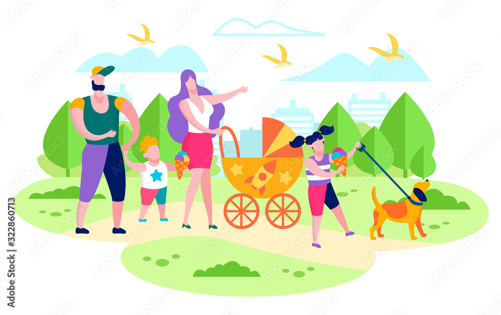 Fototapeta premium Happy Family Summer Active Leisure, Outdoor Recreation Flat Vector Concept. Parents with Preschooler Son and Daughter, Walking with Baby Carriage and Dog, Eating Ice-Cream in City Park Illustration.