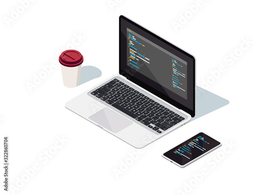 The workspace of a modern programmer. Laptop, smartphone and a cup of coffee in 3d. Isometric vector illustration. 