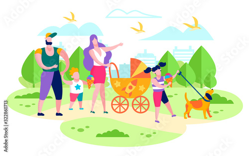 Happy Family Summer Active Leisure  Outdoor Recreation Flat Vector Concept. Parents with Preschooler Son and Daughter  Walking with Baby Carriage and Dog  Eating Ice-Cream in City Park Illustration.