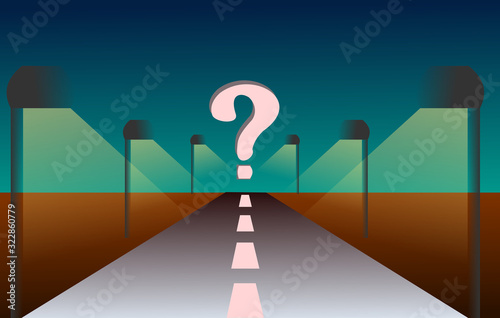 Frontal Road In Prospective With Straight Road and Symmetric street lights With a Large Question Mark in The Sky Concept Illustration