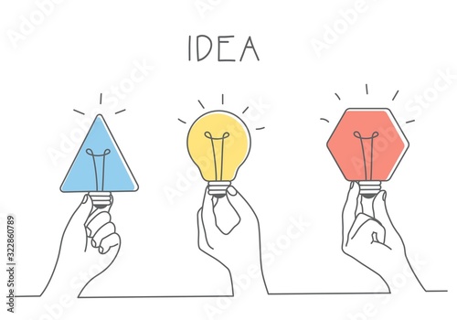 Hands holding different light bulbs. Idea concept. Hand drawn vector illustration.