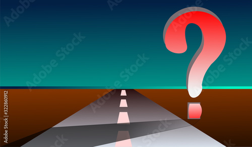 Clear Road With Asphalt Signs and Big Red Question Mark on the Side Projecting a Long Shadow Representing the Concept of Insinuating Doubt.