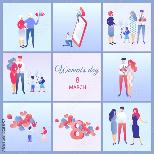 Happy Womens Day Greeting Scenes Flat Cartoon Banner Vector Illustration. Family Relationships, Giving Phone as Gift, Children Celebrating Holiday with Balloons, Kids Giving Flowers to Mother.