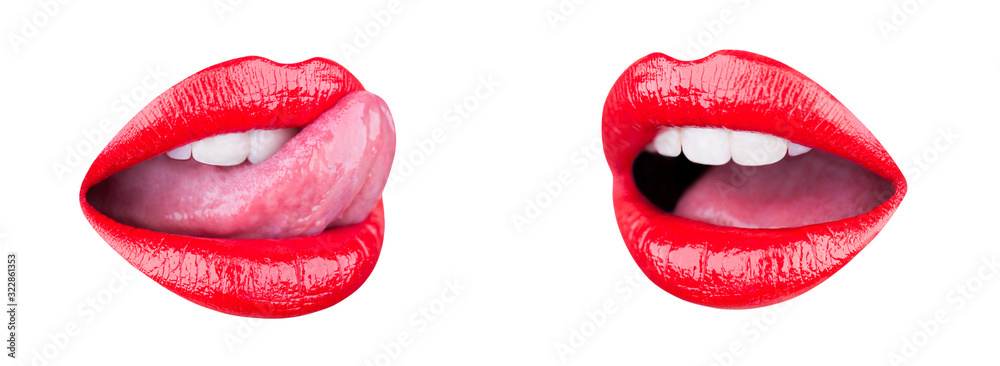Isolated lip, sensual lips. Mouth, sexy tongue. Beautiful red lip, lipstick and lipgloss. Sexy lips, tongue out. Sensual lipstick, bright red lipgloss. Close up, beautiful mouth, portrait woman lip. - obrazy, fototapety, plakaty 
