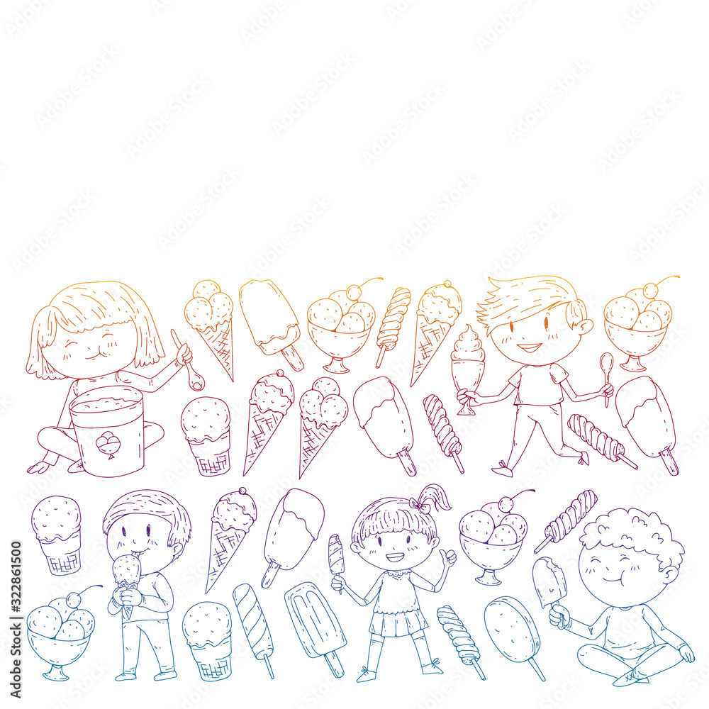 Little children eating ice cream. Summer vacation. Sweet fruit desert. Little children eating ice cream. Summer vacation. Sweet fruit desert.